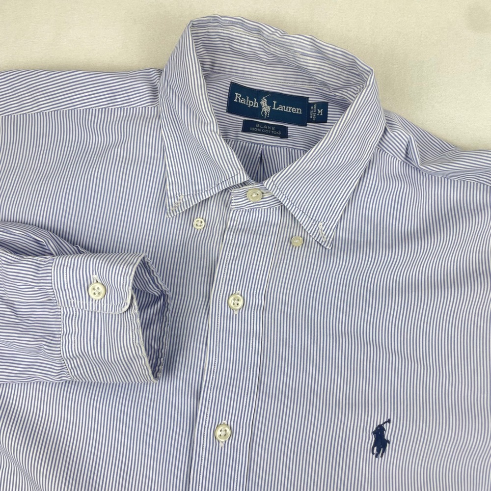 Ralph Lauren Blake Mens Medium Blue White Striped Cotton Button Down Shirt